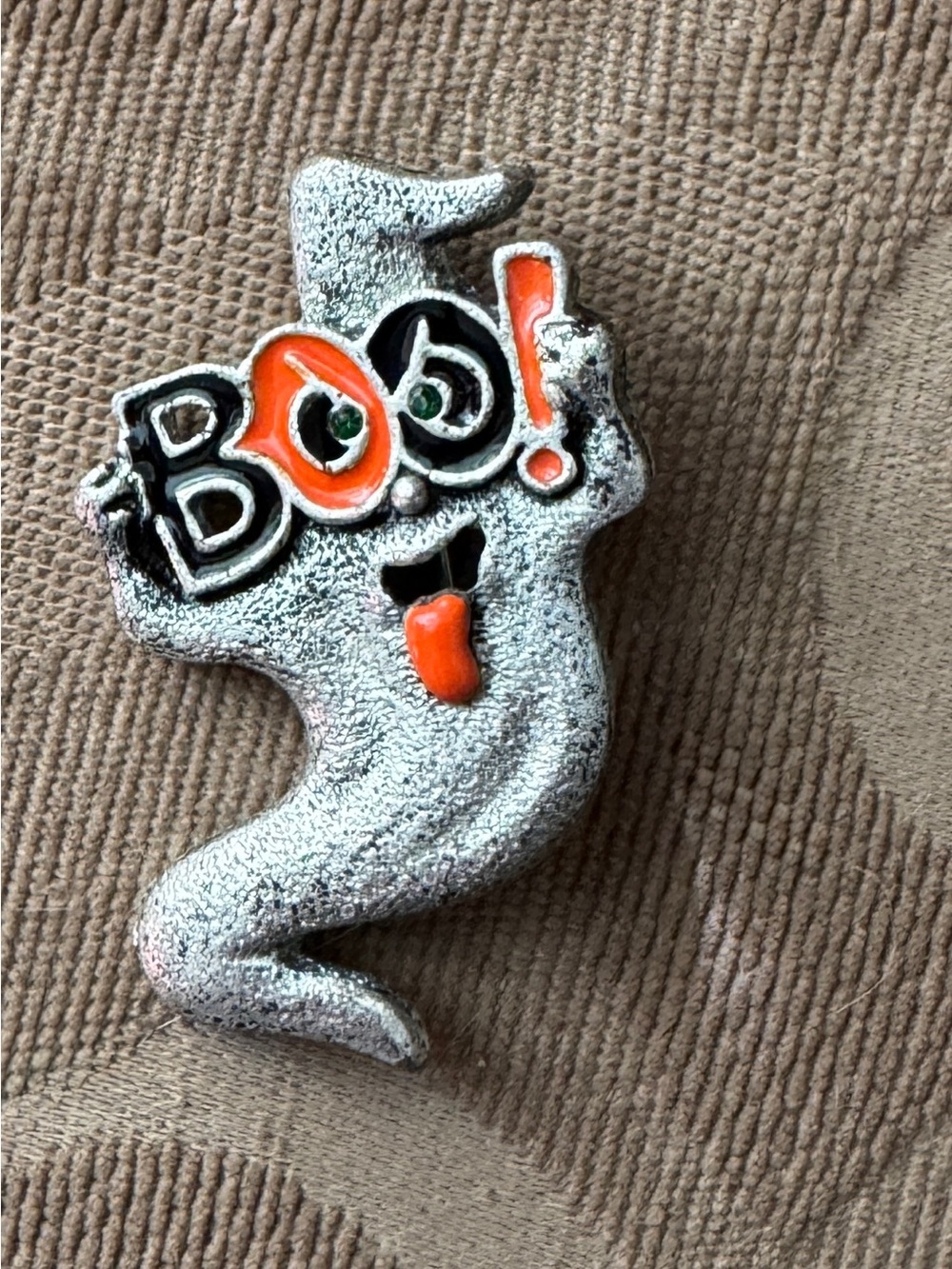 Vintage 'BOO!' Ghost Pin Brooch in Pewter and Orange